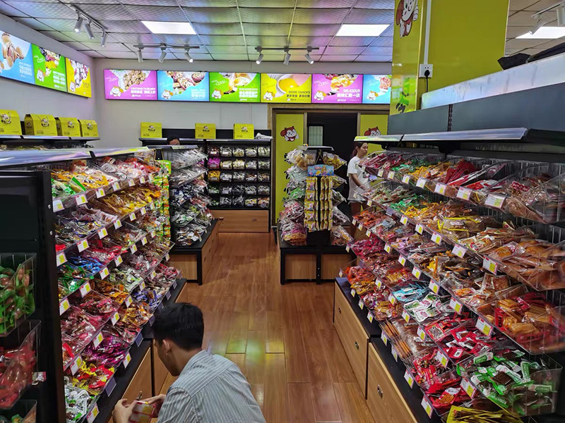 武漢零食店展示架,休閑零食貨架,小食品店陳列柜,大唐貨架廠